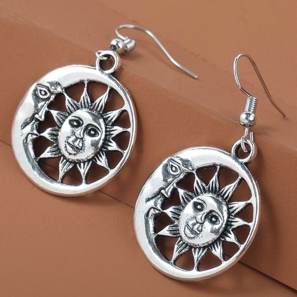Any 2/$20! Silver Moon & Star Circular Boho Drop Earrings - Picture 3 of 6